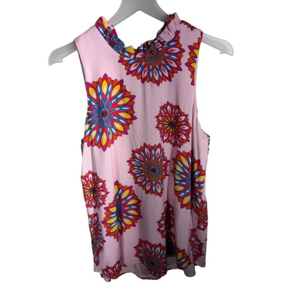 Gibsonlook Pink Floral Sunburst Ruffle Neck Tie Back Sleeveless Blouse‎ Medium